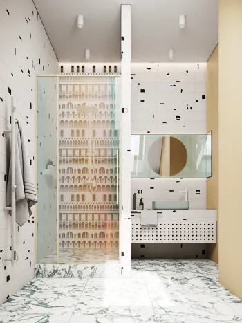 Интерьер ванной с душевой из плитки  смотреть на Basicdecor