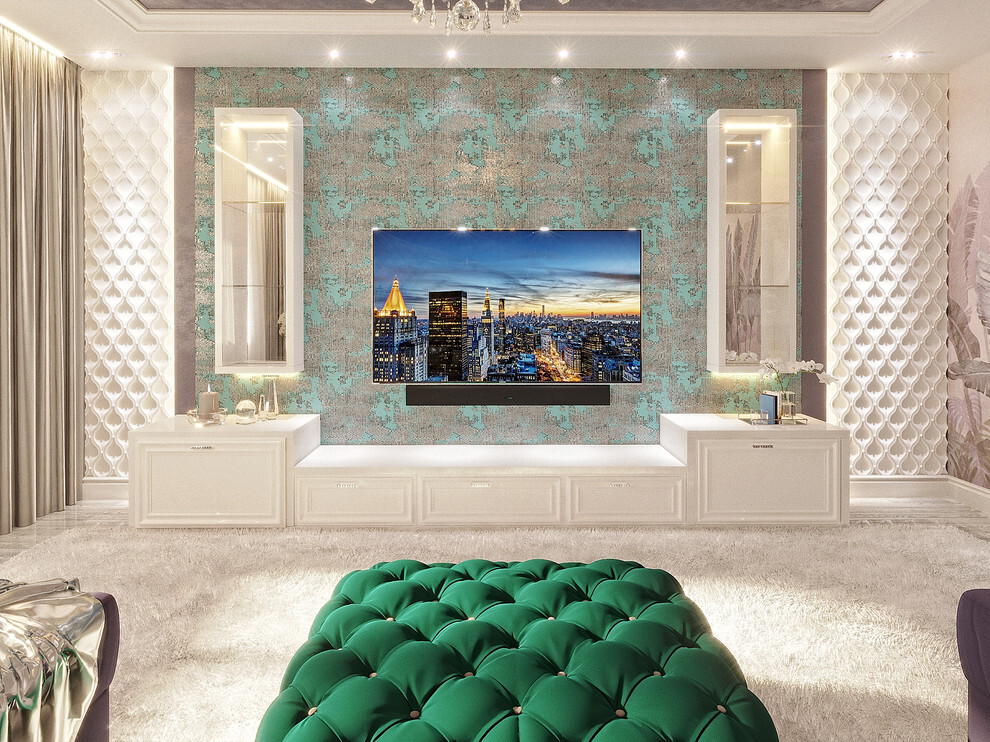 Интерьер гостиной с панно за телевизором, стеной с телевизором, телевизором на стене и керамогранитом на стену с телевизором в современном стиле