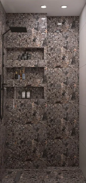 Интерьер ванной с душевой из плитки и нишей из плитки  смотреть на Basicdecor