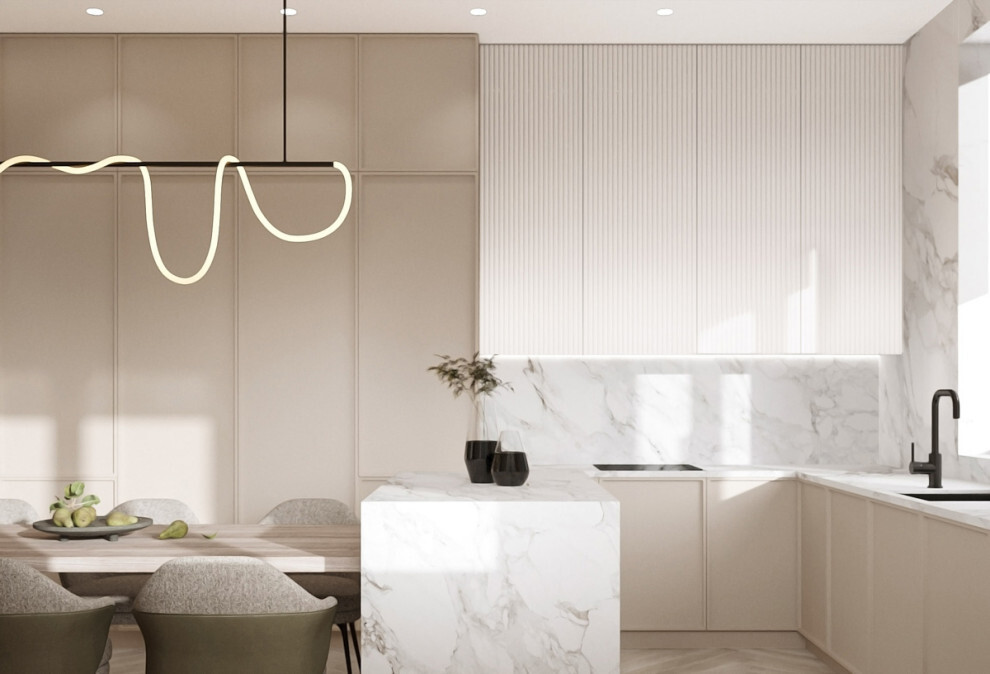 Интерьер кухни cветовыми линиями, рейками с подсветкой и подсветкой светодиодной в современном стиле