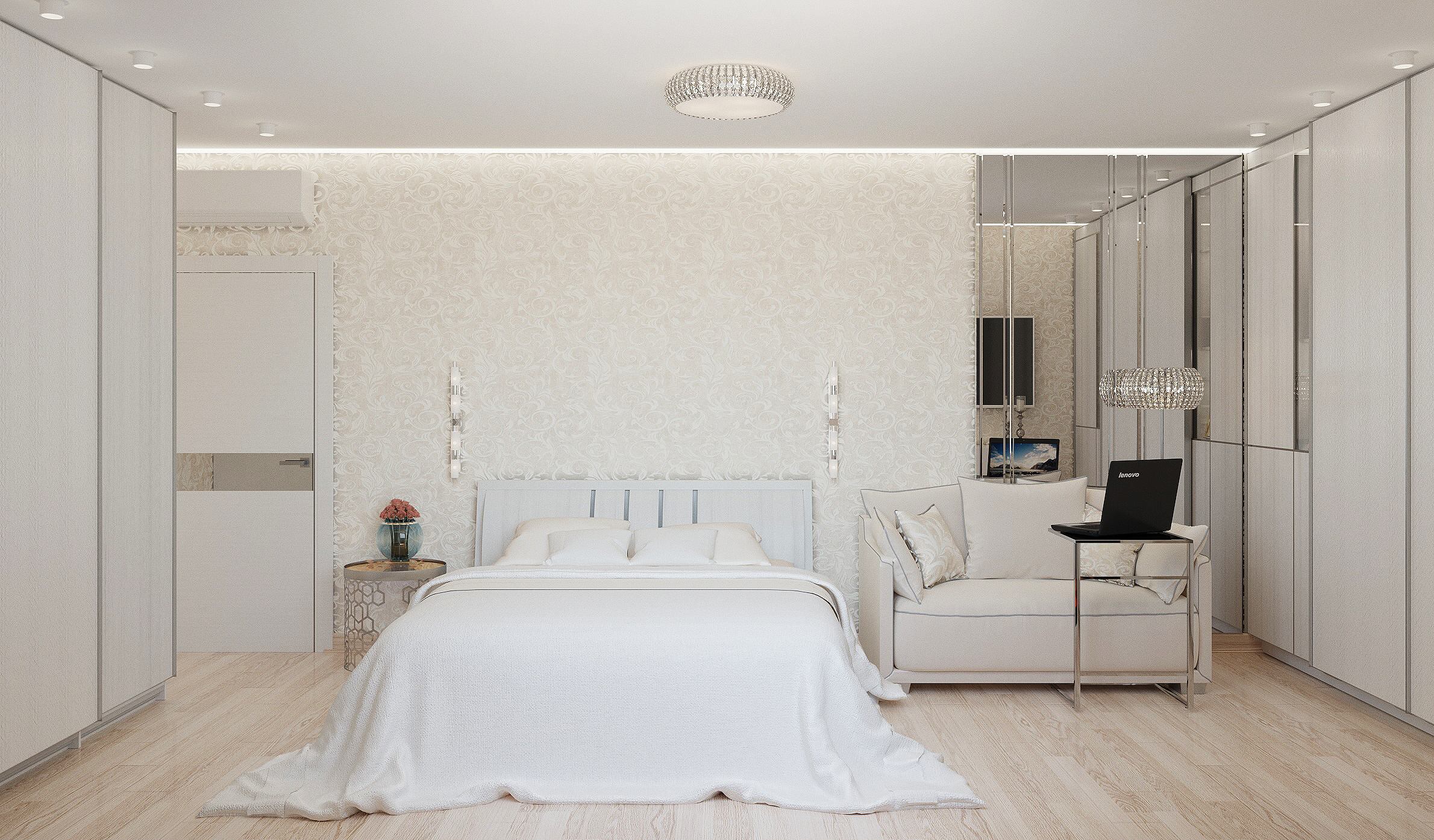 Интерьер спальни cветовыми линиями, подсветкой настенной, подсветкой светодиодной, светильниками над кроватью и с подсветкой в современном стиле