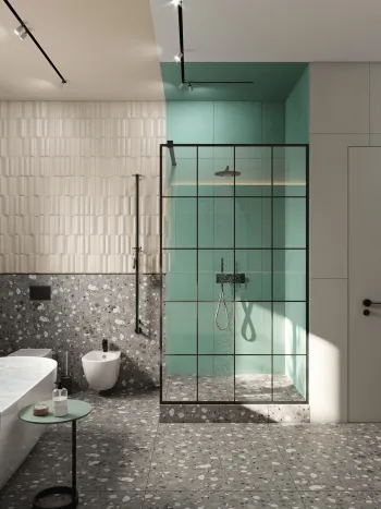 Интерьер ванной с душевой из плитки  смотреть на Basicdecor