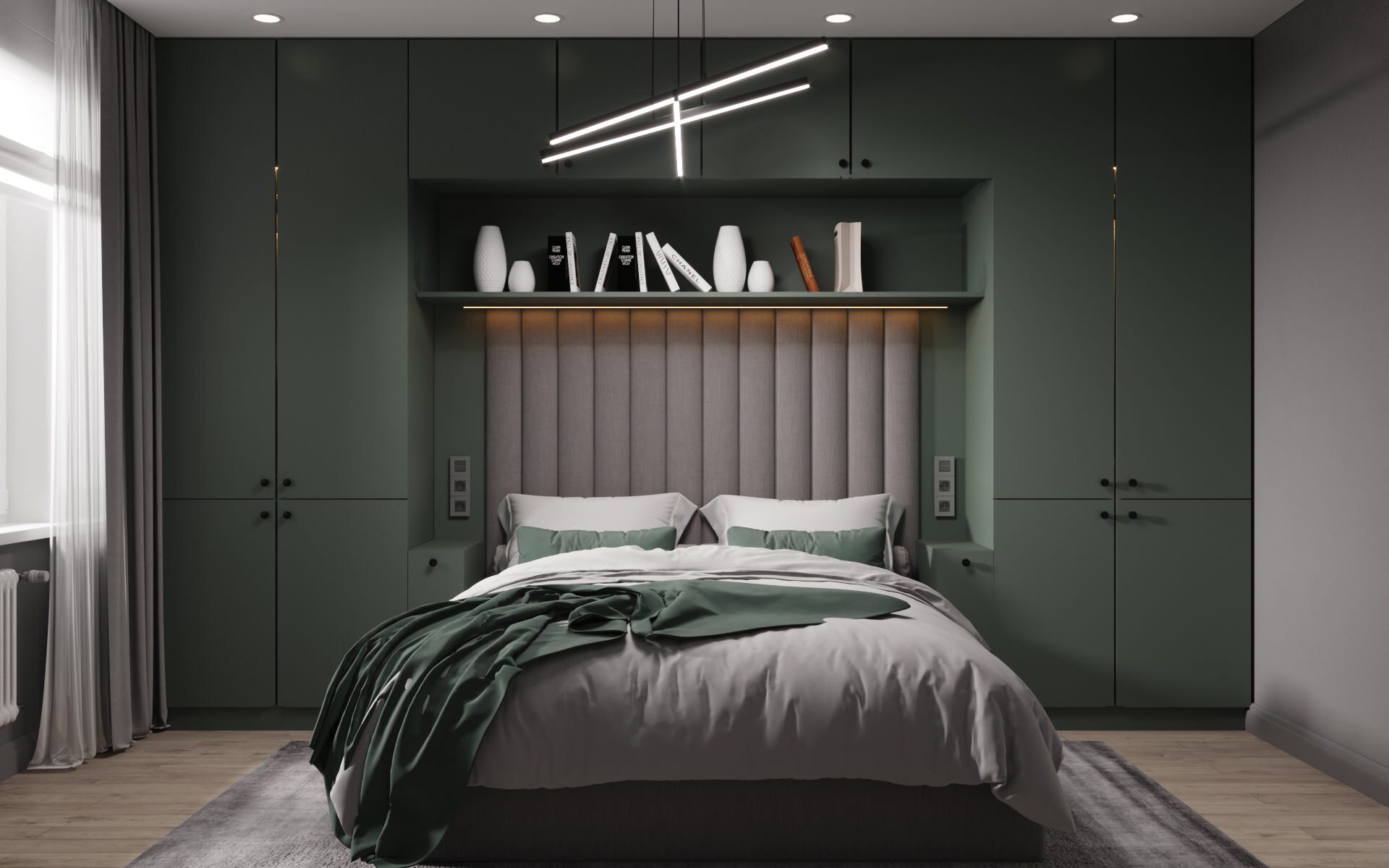 Интерьер спальни cветовыми линиями, рейками с подсветкой, подсветкой настенной, подсветкой светодиодной и светильниками над кроватью в современном стиле
