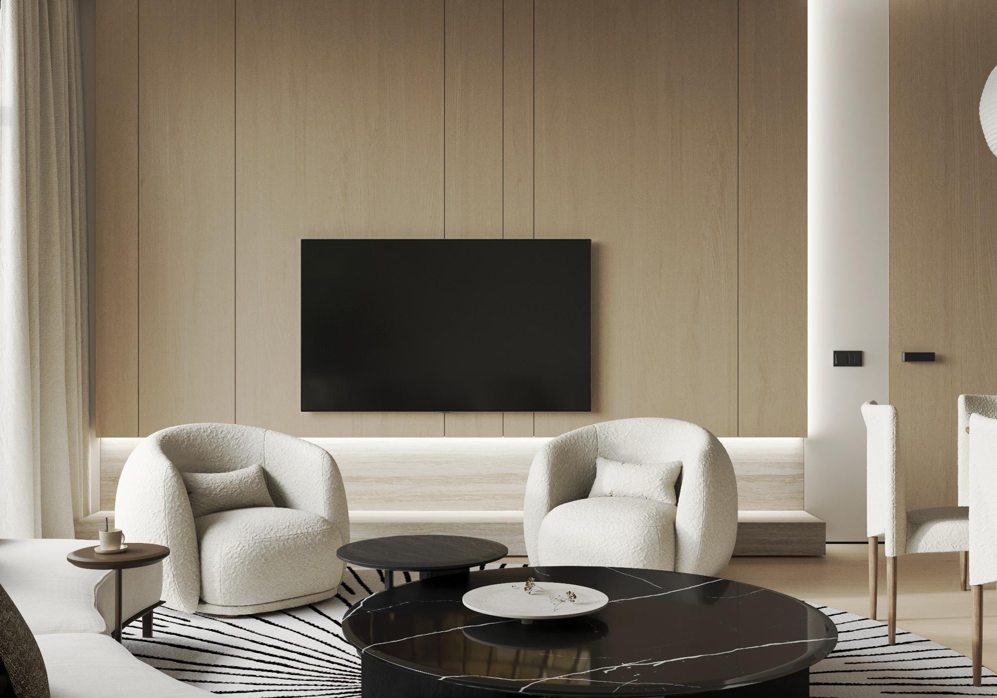Интерьер гостиной cтеной с телевизором, телевизором на рейках, телевизором на стене и керамогранитом на стену с телевизором