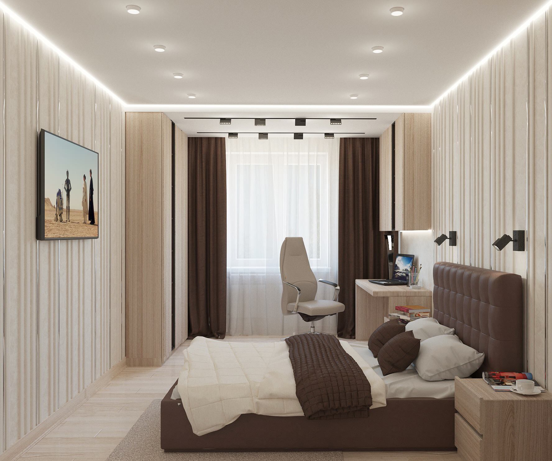 Интерьер спальни c рабочим местом, подсветкой настенной, подсветкой светодиодной, светильниками над кроватью и с подсветкой в современном стиле