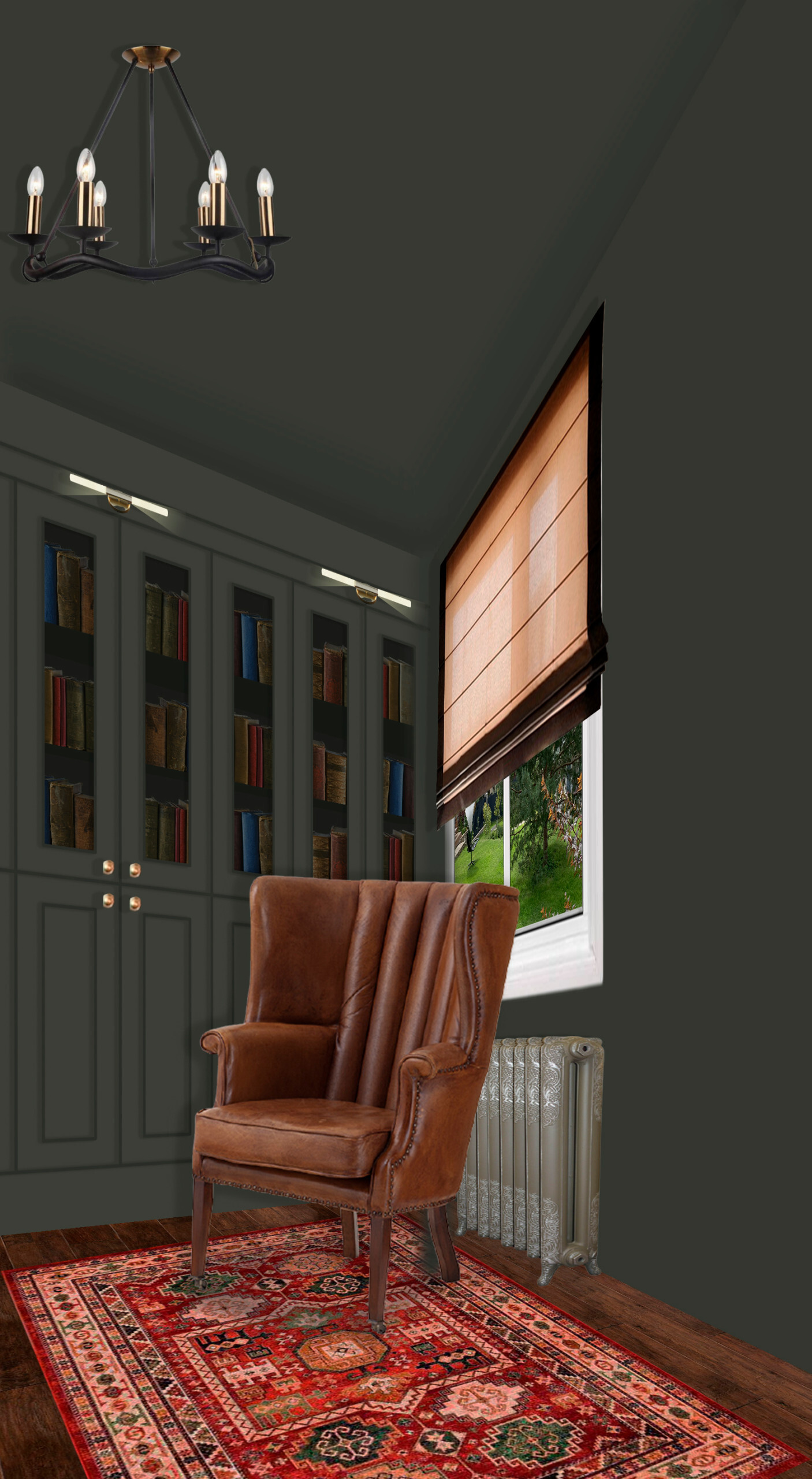 Интерьер кабинета с жалюзи, вертикальными жалюзи и дверными жалюзи в классическом стиле