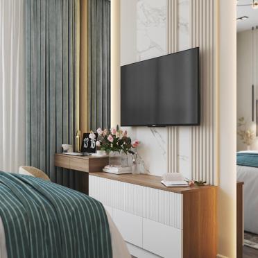 Интерьер спальни с телевизором на стене  смотреть на Basicdecor