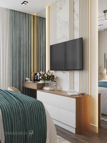 Интерьер спальни с телевизором на стене  смотреть на Basicdecor