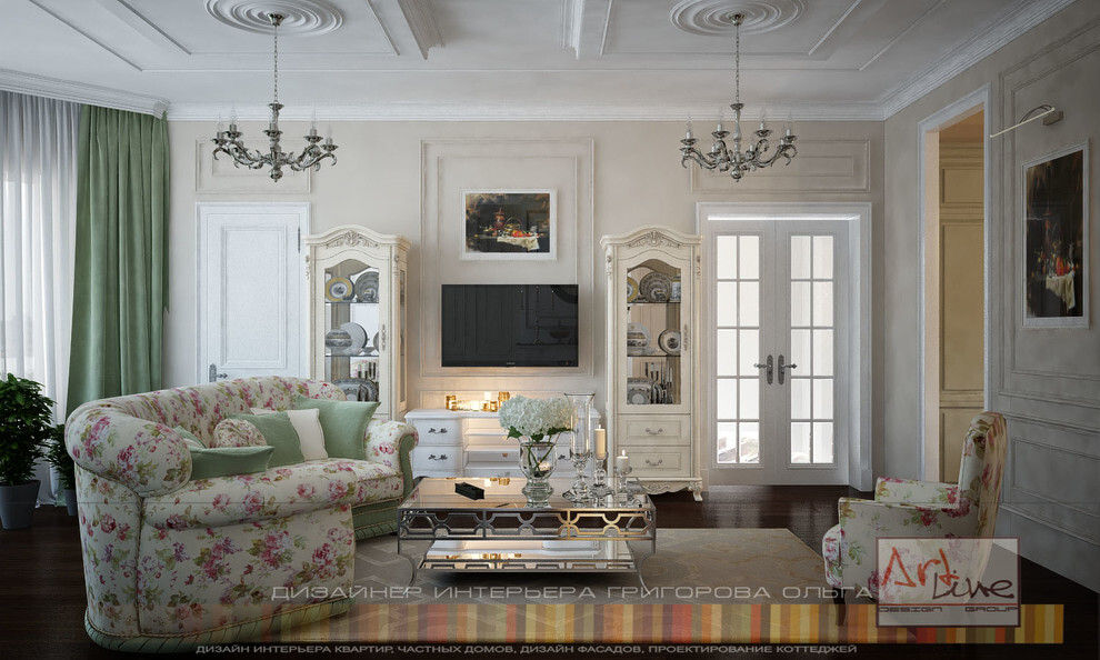 Интерьер гостиной в классическом стиле, в стиле кантри, французском и рококо