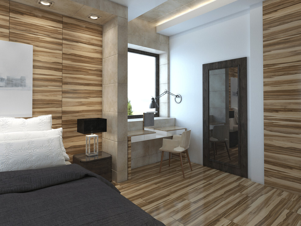 Интерьер спальни c рабочим местом и в деревянном доме в современном стиле и в стиле лофт