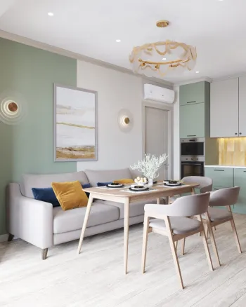 Интерьер кухни cветильниками над столом  смотреть на Basicdecor