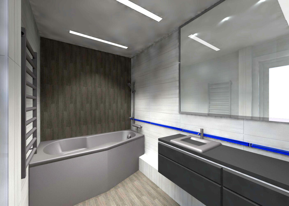Интерьер ванной cветовыми линиями, подсветкой настенной и подсветкой светодиодной в классическом стиле