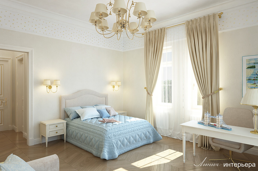 Интерьер спальни c рабочим местом в классическом стиле