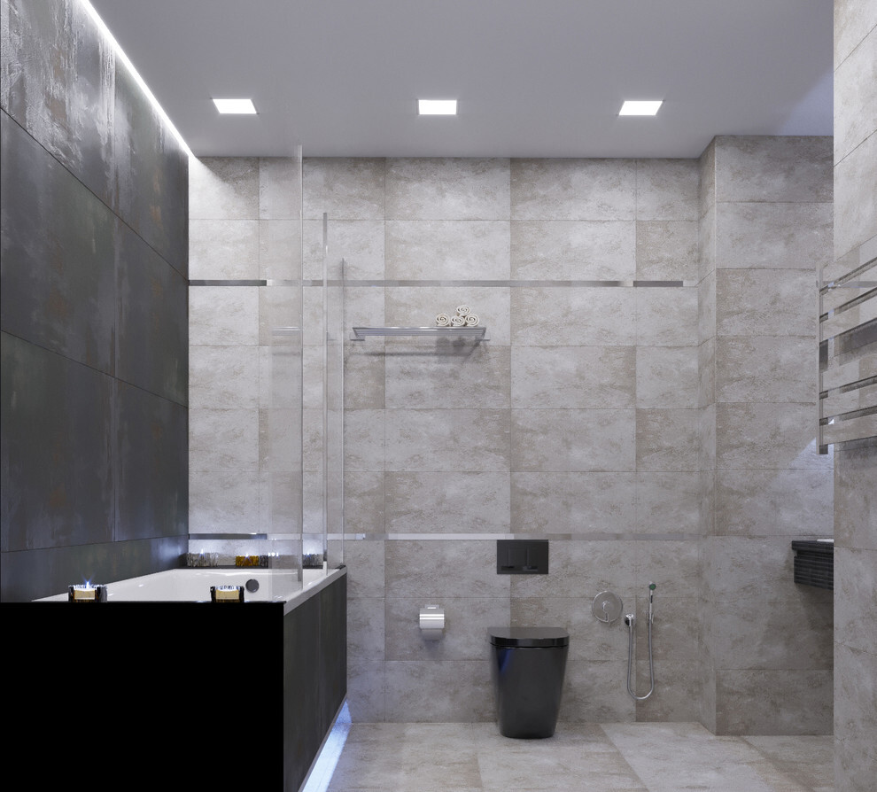 Интерьер ванной cветовыми линиями и подсветкой светодиодной в современном стиле