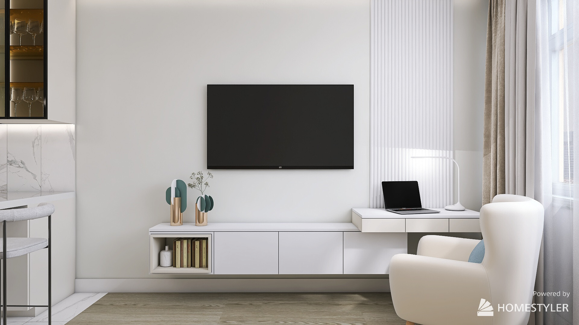 Интерьер гостиной cтеной с телевизором, телевизором на рейках, телевизором на стене и нишей для телевизора в современном стиле