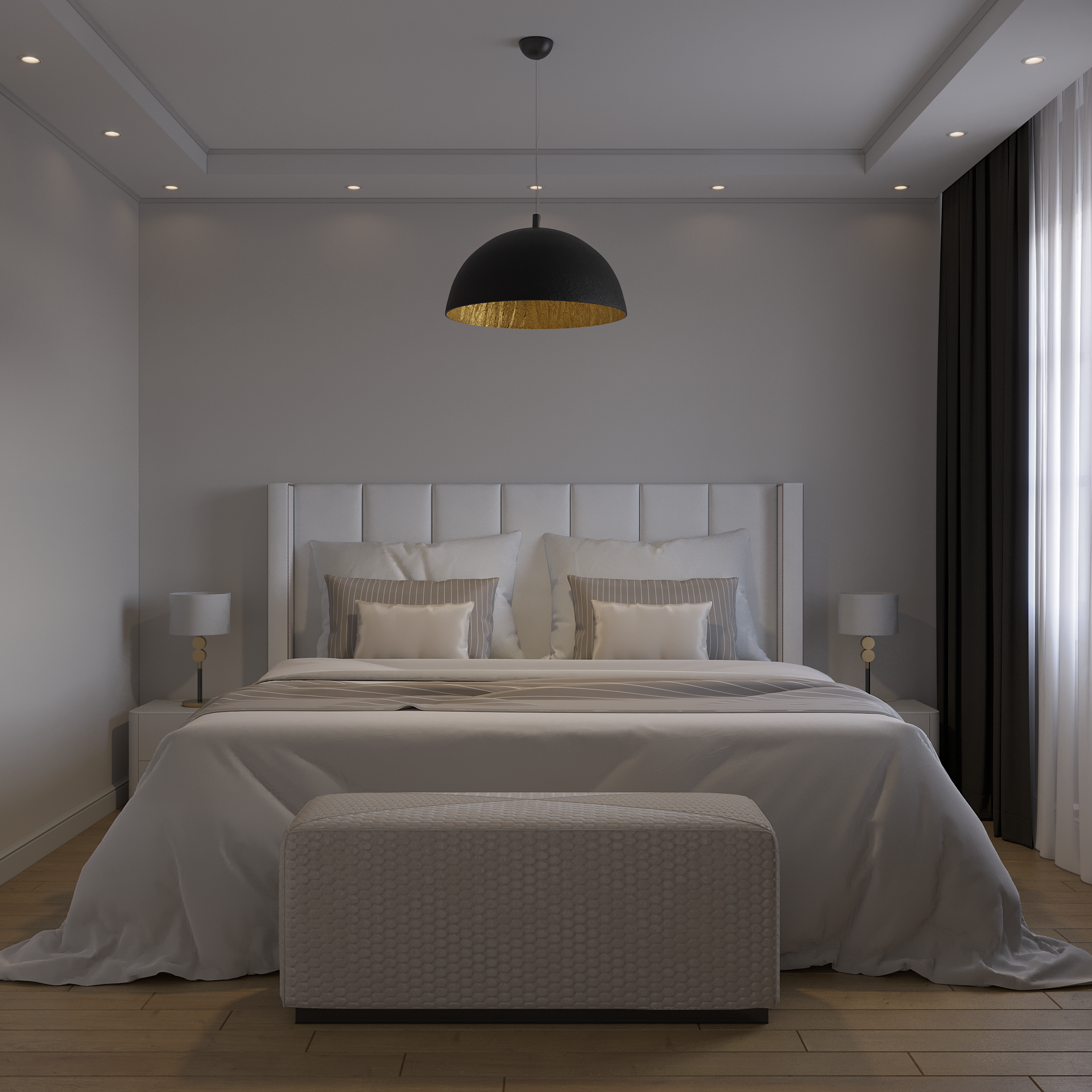 Интерьер спальни с бра над кроватью, подсветкой светодиодной и светильниками над кроватью