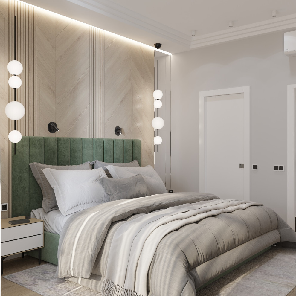 Интерьер спальни с подсветкой светодиодной и светильниками над кроватью в современном стиле