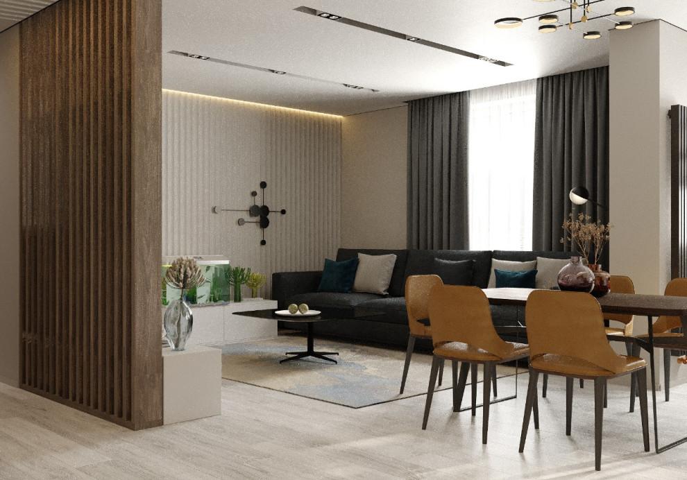 Интерьер гостиной с зонированием рейками, телевизором на рейках и подсветкой настенной в современном стиле и в стиле лофт