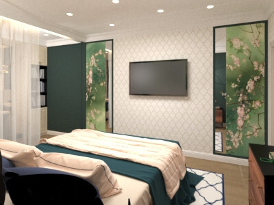 Интерьер спальни c кабинетом и шкафом у кровати в неоклассике и в восточном стиле
