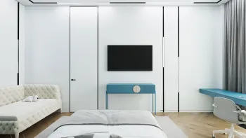 Интерьер спальни с телевизором на стене  смотреть на Basicdecor
