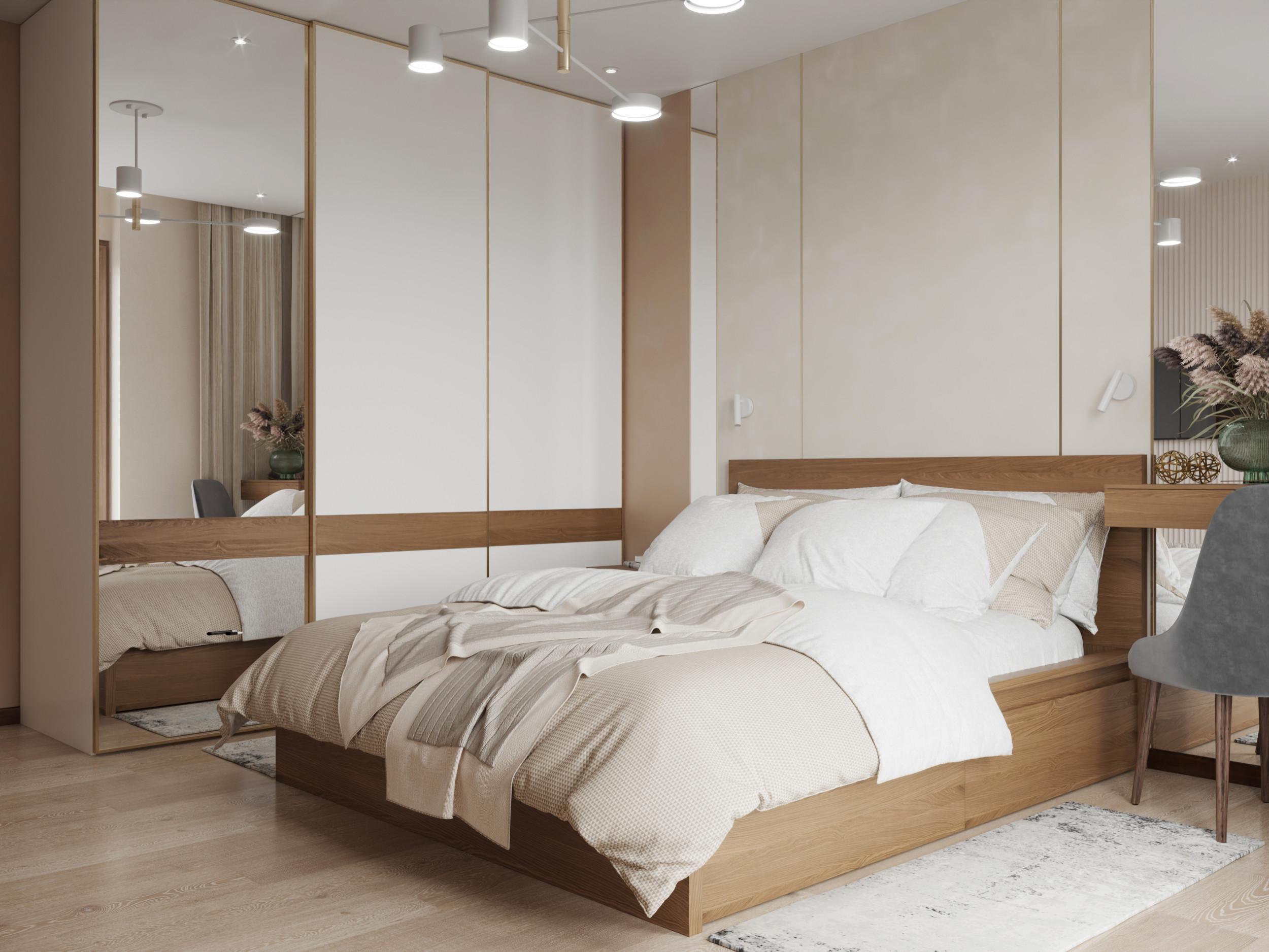Интерьер спальни с бра над кроватью, подсветкой светодиодной и светильниками над кроватью в современном стиле и в стиле лофт