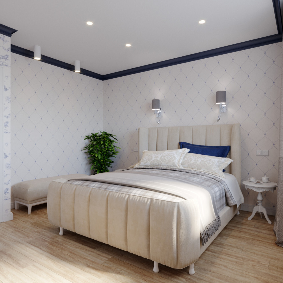 Интерьер спальни с подсветкой настенной и светильниками над кроватью