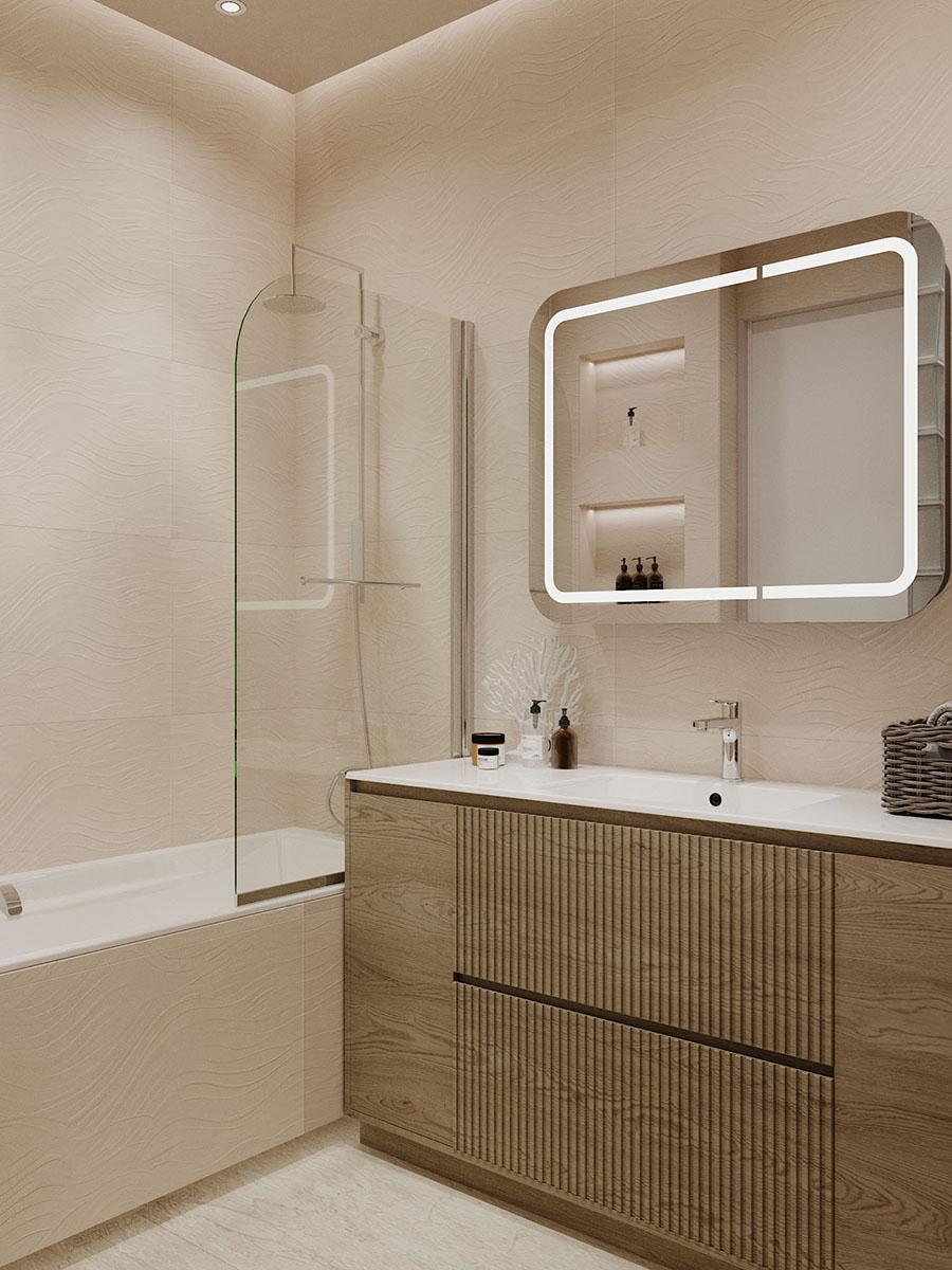 Интерьер ванной с зеркалом на двери и подсветкой светодиодной