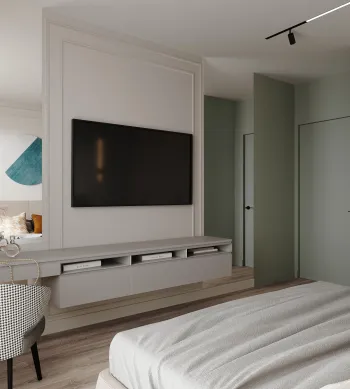 Интерьер спальни с телевизором на стене, светильниками над кроватью и с подсветкой  смотреть на Basicdecor