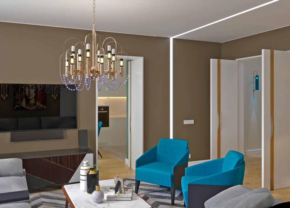 Интерьер гостиной с рейками с подсветкой, подсветкой настенной, подсветкой светодиодной и с подсветкой в модернизме
