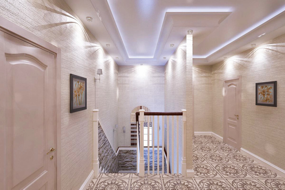 Интерьер коридора с рейками с подсветкой, подсветкой настенной, подсветкой светодиодной и с подсветкой в классическом стиле