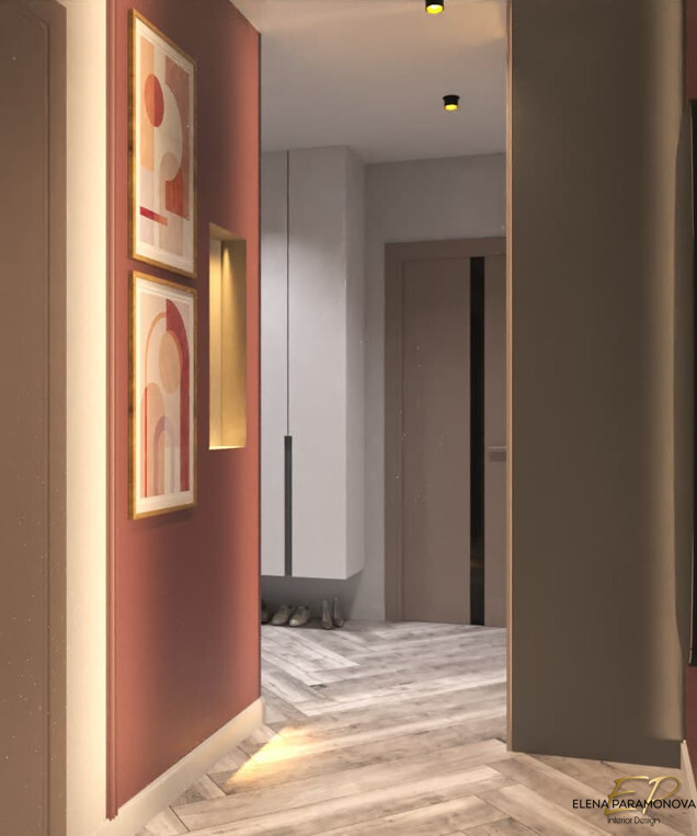 Интерьер коридора с нишей с подсветкой, проходной, световыми линиями, рейками с подсветкой, подсветкой настенной, подсветкой светодиодной и с подсветкой