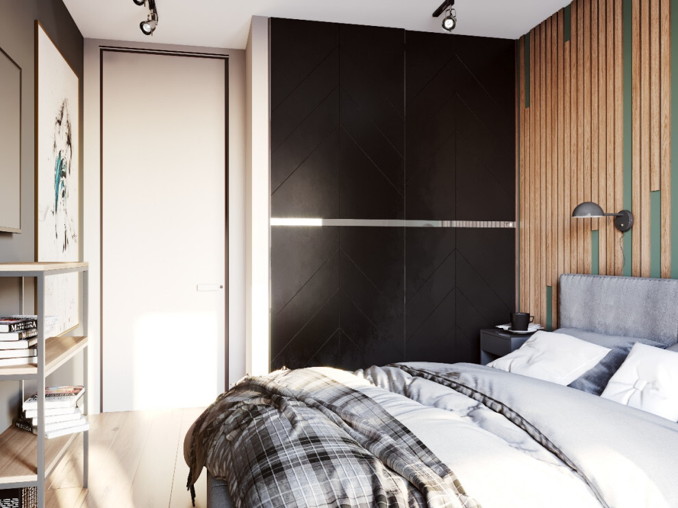 Интерьер спальни cветовыми линиями, подсветкой настенной и светильниками над кроватью в современном стиле и в стиле лофт
