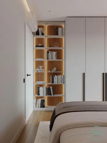 Интерьер спальни с нишей, нишей с полками, нишей с подсветкой и нишей для телевизора  смотреть на Basicdecor