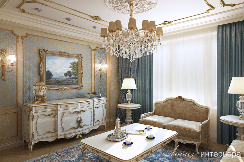 Интерьер гостиной в классическом стиле, в восточном стиле, барокко, французском и рококо