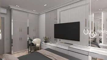 Интерьер спальни с телевизором на рейках  смотреть на Basicdecor