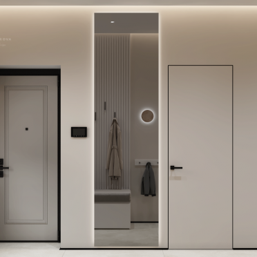 Интерьер прихожей с проходной и зеркалом на двери  смотреть на Basicdecor