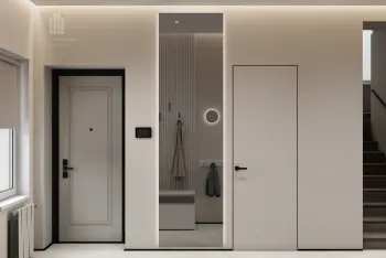 Интерьер прихожей с проходной и зеркалом на двери  смотреть на Basicdecor