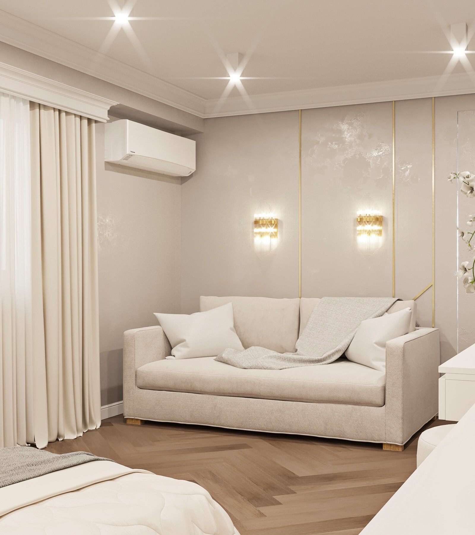 Интерьер спальни с рейками с подсветкой, подсветкой настенной, подсветкой светодиодной и с подсветкой в неоклассике
