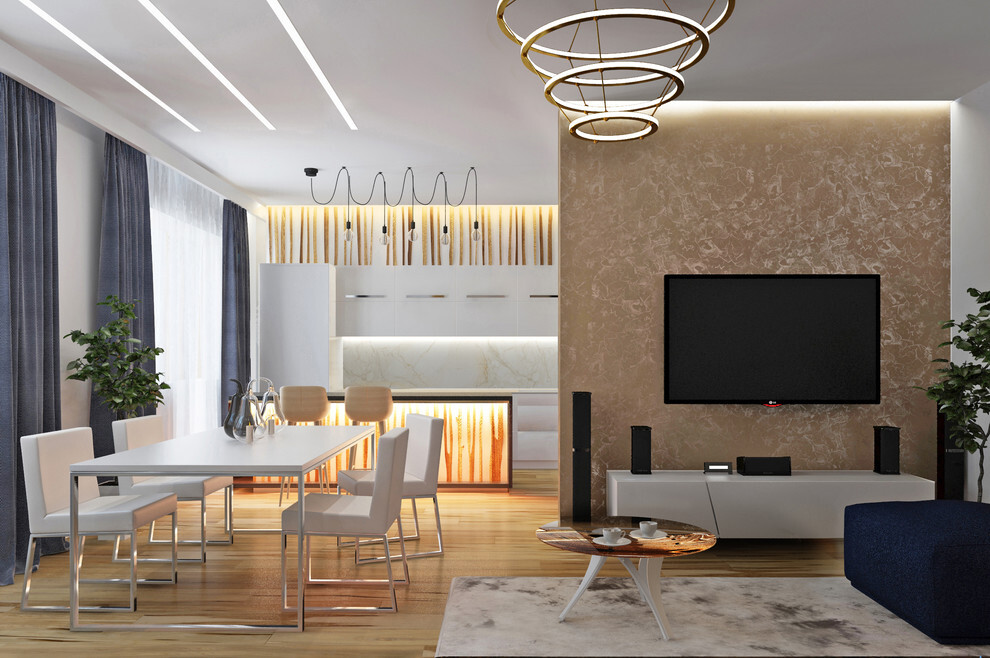 Интерьер столовой cветовыми линиями, рейками с подсветкой, подсветкой настенной и подсветкой светодиодной в современном стиле