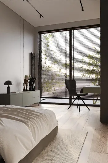 Интерьер спальни с жалюзи и дверными жалюзи  смотреть на Basicdecor