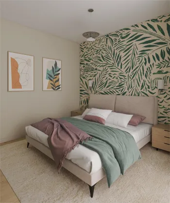 Интерьер спальни с акцентными обоями за кроватью  смотреть на Basicdecor