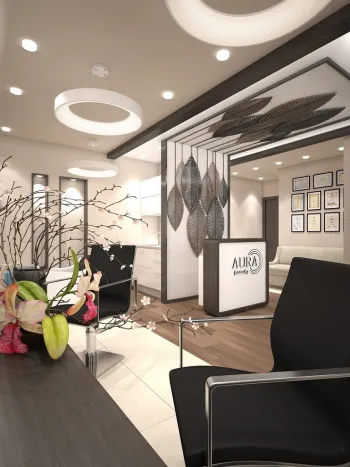 Интерьер c рабочим местом и ресепшном в современном стиле смотреть на Basicdecor