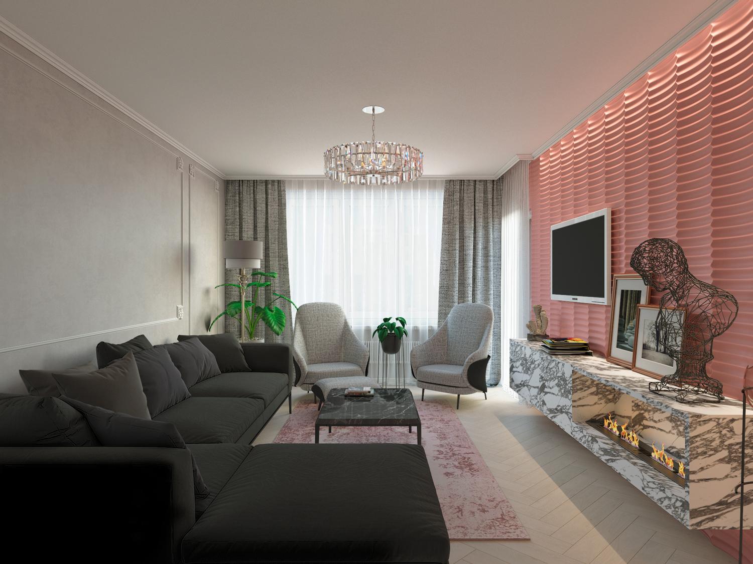 Интерьер гостиной с подсветкой настенной и подсветкой светодиодной