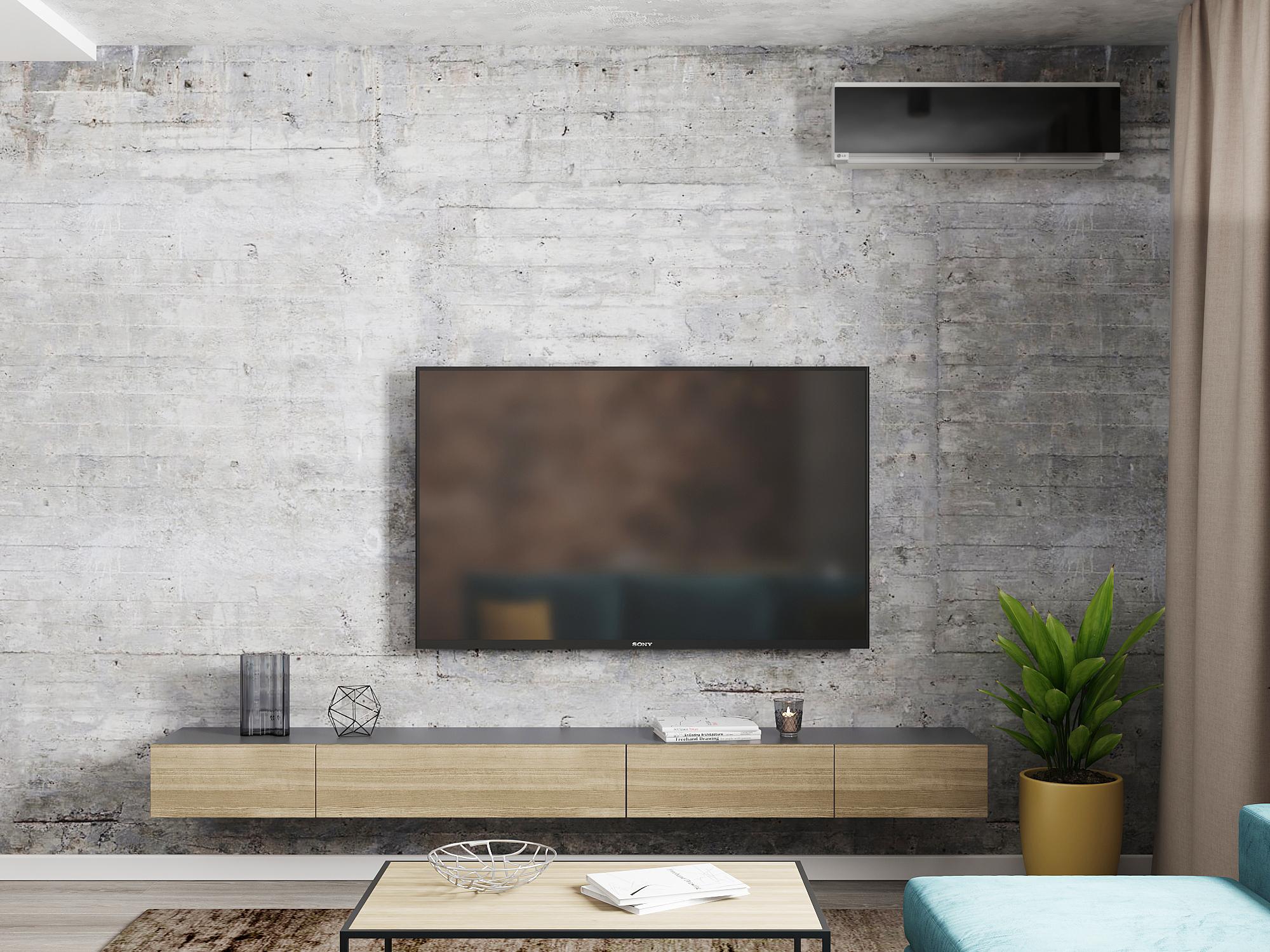 Интерьер гостиной cтеной с телевизором, телевизором на рейках, телевизором на стене, нишей для телевизора и керамогранитом на стену с телевизором