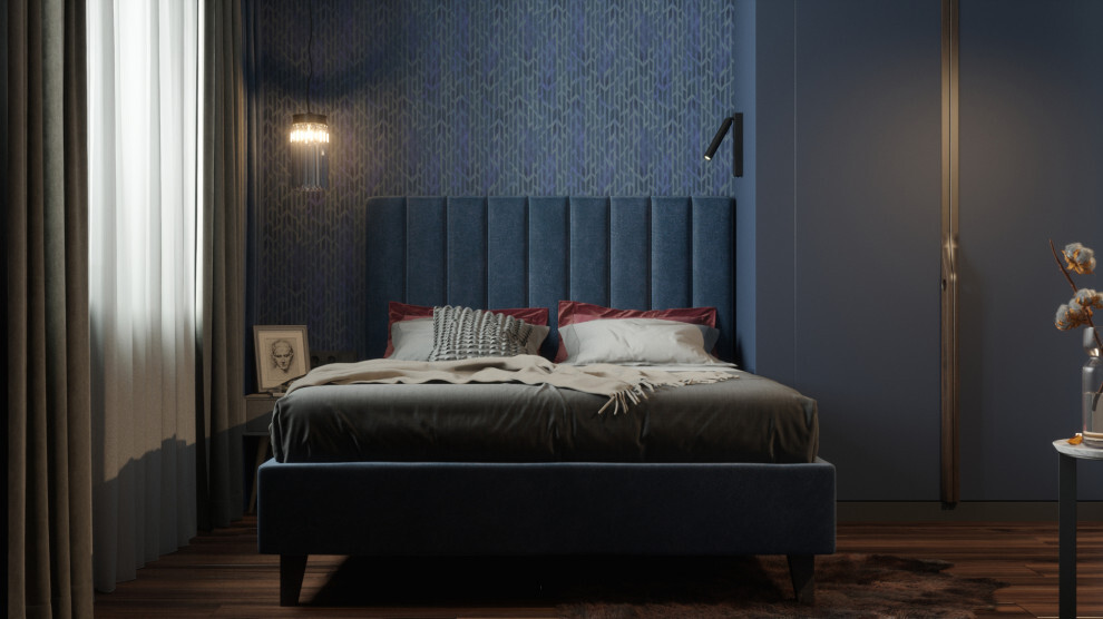 Интерьер спальни cветильниками над кроватью в стиле фьюжн