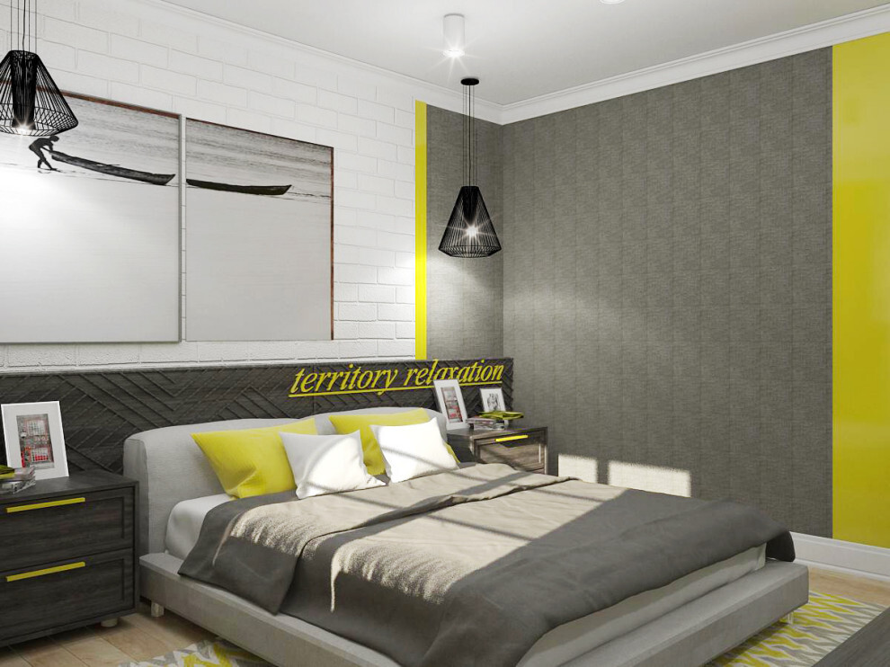 Интерьер спальни cветовыми линиями, подсветкой настенной и светильниками над кроватью в современном стиле