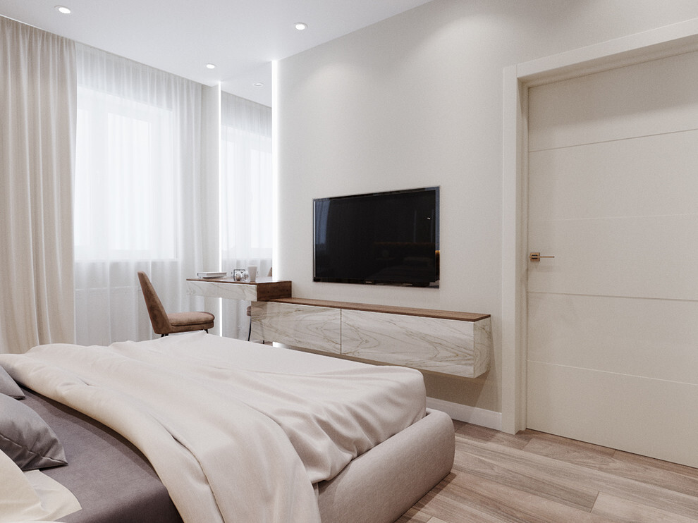 Интерьер спальни с панно за телевизором, стеной с телевизором, телевизором на стене и керамогранитом на стену с телевизором в современном стиле