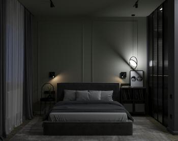 Интерьер спальни с кроватью в нише, бра над кроватью и светильниками над кроватью в современном стиле и в стиле лофт