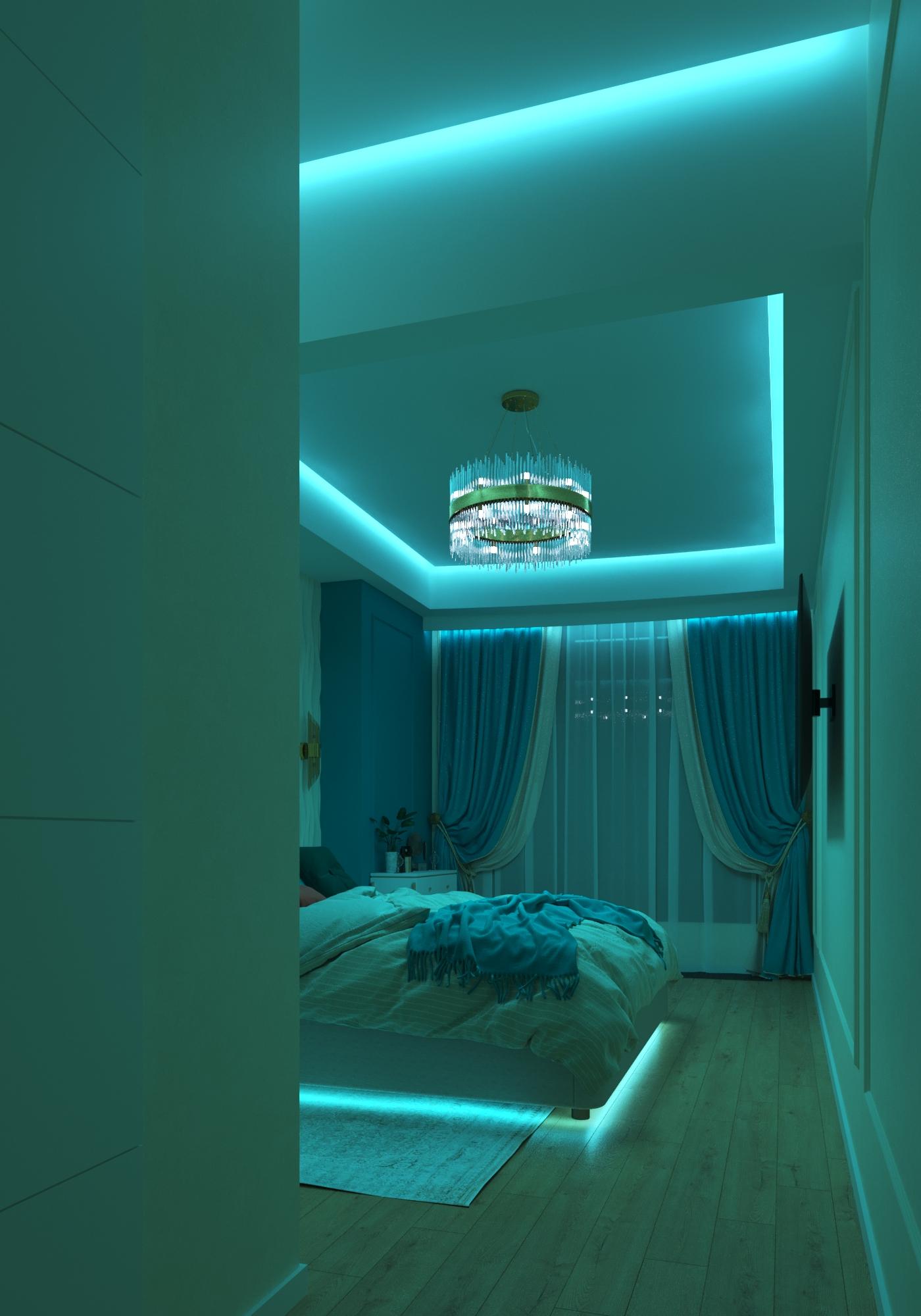 Интерьер спальни с нишей с подсветкой, световыми линиями, рейками с подсветкой, подсветкой настенной, подсветкой светодиодной, светильниками над кроватью и с подсветкой