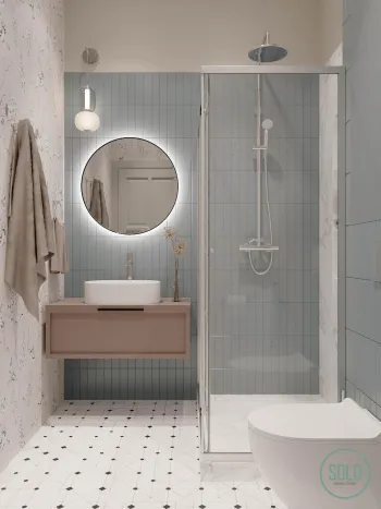 Интерьер ванной с зеркалом на двери  смотреть на Basicdecor
